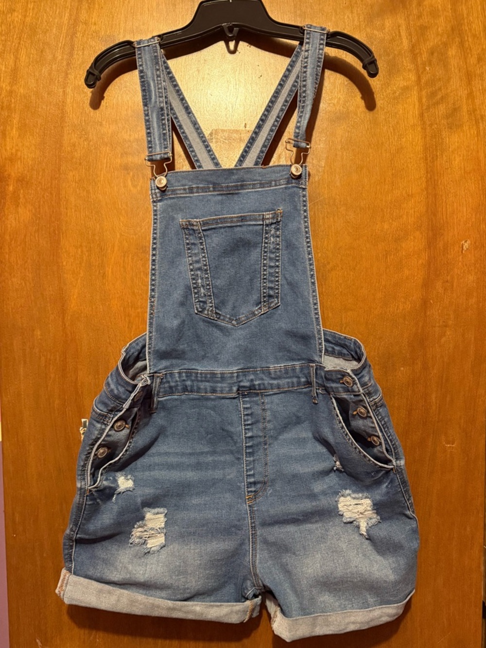 Wax Jean Blue Distressed Denim Short Overalls